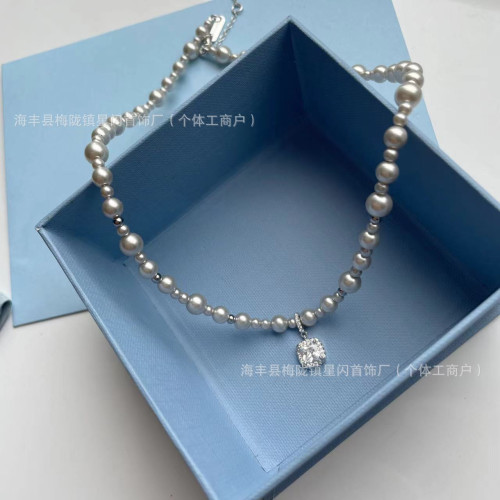 HEFANG何方氣泡方糖項鏈簡約氣質輕奢優雅珍珠鎖骨鏈高版精工