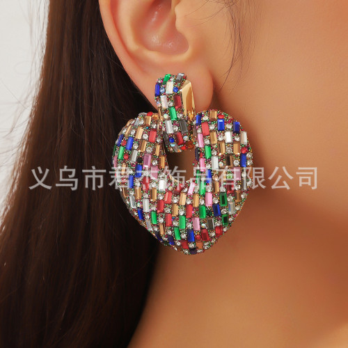 歐美跨境個性幾何彩色滿鑽耳環時尚高級感鑲鑽耳圈耳釘時尚耳飾女