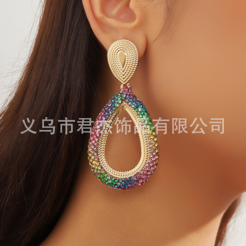 歐美跨境個性幾何彩色滿鑽耳環時尚高級感鑲鑽耳圈耳釘時尚耳飾女