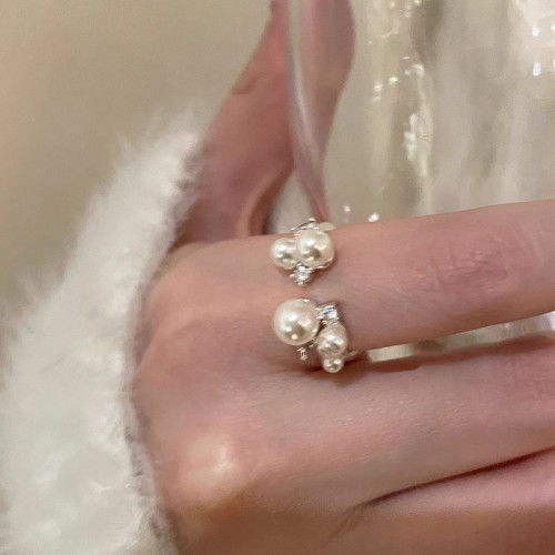 法式小衆設計感珍珠鋯石開口戒指女時尚個性輕奢高級感食指戒指環