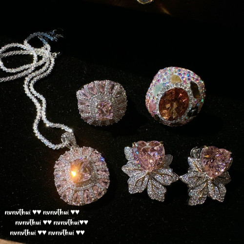 莫奈花園雙生花寶石戒指 帕帕拉恰 鍍18K金 葡萄藤粉鋯石愛心耳環