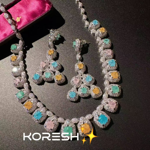 羅馬宮廷 冰花紋方糖馬卡龍寶石重工項鏈耳環套裝　鍍18K金
