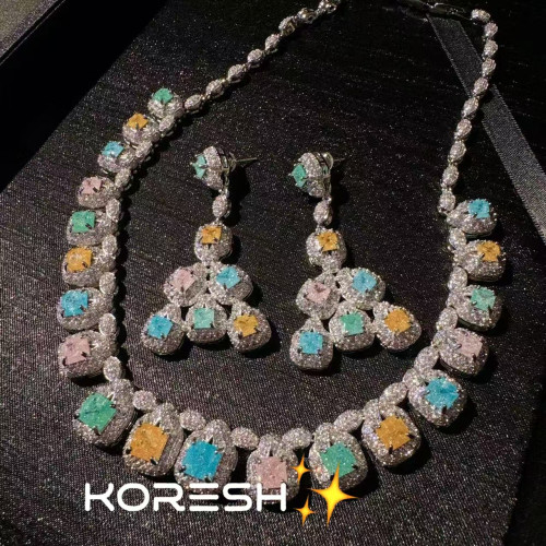 羅馬宮廷 冰花紋方糖馬卡龍寶石重工項鏈耳環套裝　鍍18K金