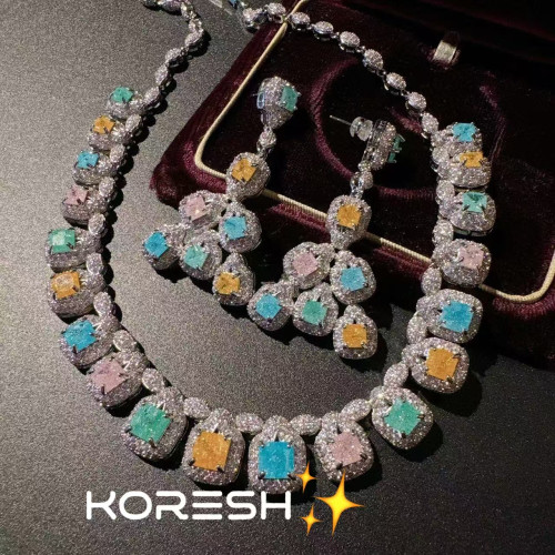 羅馬宮廷 冰花紋方糖馬卡龍寶石重工項鏈耳環套裝　鍍18K金