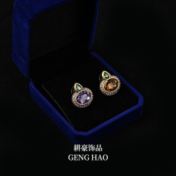 圓形雙色立躰光滑耳釘女 綠寶石個性復古鑲鑽小巧幾何耳飾耳釘