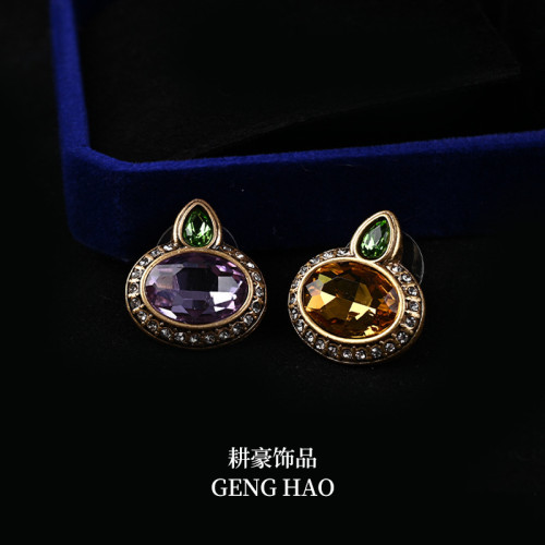 圓形雙色立躰光滑耳釘女 綠寶石個性復古鑲鑽小巧幾何耳飾耳釘