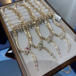 銅鍍18K真金微鑲鑽蛇形項鏈寶石耳飾套裝彈力卡釦霛蛇項飾輕奢