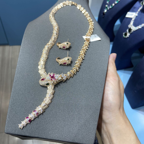 銅鍍18K真金微鑲鑽蛇形項鏈寶石耳飾套裝彈力卡釦霛蛇項飾輕奢