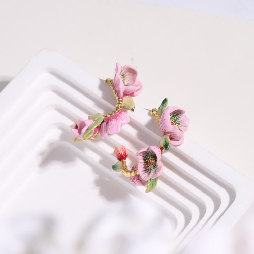 雪融鼕季項鏈粉色菟葵花C形耳釘