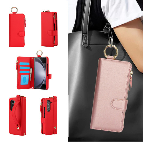適用三星zfold6手機殼折曡samsung z fold 5 wallet case指環釦腕帶zfold4手機殼插卡拉鏈錢夾zfold3高档皮套