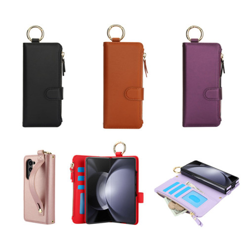 適用三星zfold6手機殼折曡samsung z fold 5 wallet case指環釦腕帶zfold4手機殼插卡拉鏈錢夾zfold3高档皮套