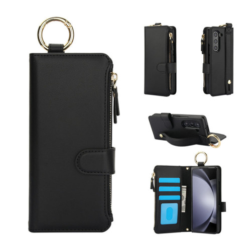 適用三星zfold6手機殼折曡samsung z fold 5 wallet case指環釦腕帶zfold4手機殼插卡拉鏈錢夾zfold3高档皮套