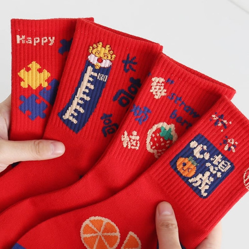 本命年紅襪子男童女童生肖蛇年中筒襪兒童喜慶卡通祝福禮物禮盒裝