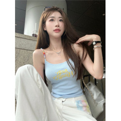 字母印花藍色女夏修身吊帶背心