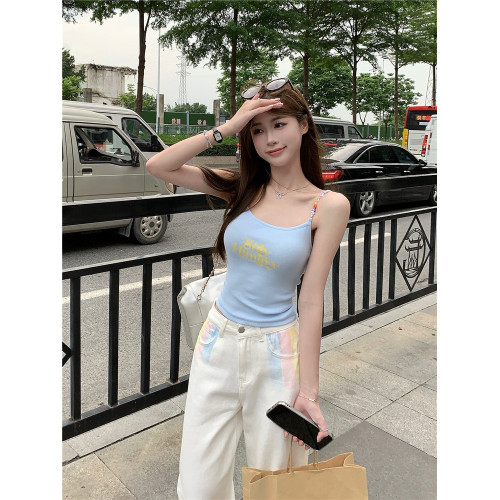 字母印花藍色女夏修身吊帶背心