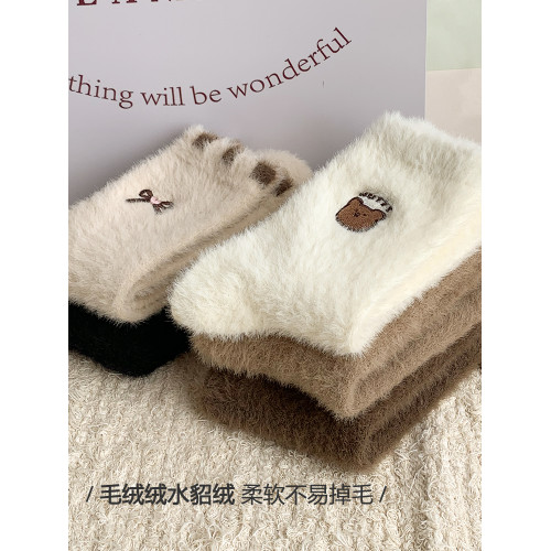 水貂毧襪子女鞦鼕季卡通毛毧保暖中筒襪加毧加厚鼕天居家地板長襪