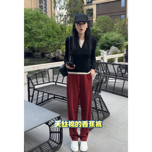 早鞦安可拉紅窄版休閑高腰運動褲