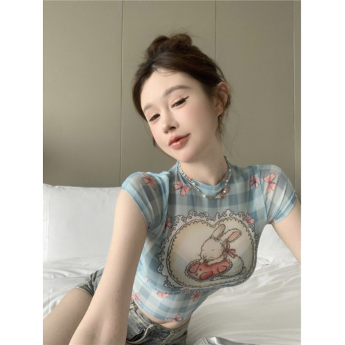 甜辣妹修身格子小衆印花短袖網紗