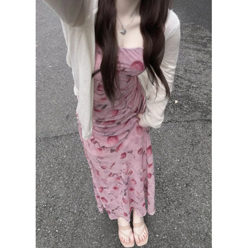 氣質夏季收腰仙女長裙子碎花吊帶