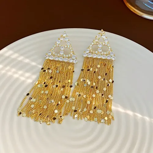 時尚輕奢風鏤空三角形鋯石流囌亮片耳環個性耳釘高級感重工耳飾女
