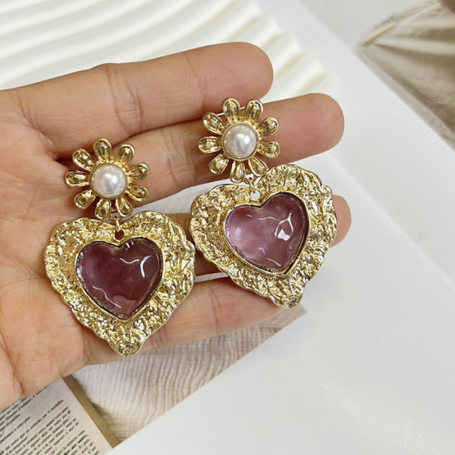 中古素金做舊心形樹脂耳墜  復古誇張個性銀針珍珠女士耳環新款