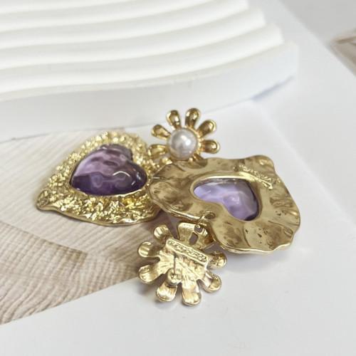 中古素金做舊心形樹脂耳墜  復古誇張個性銀針珍珠女士耳環新款