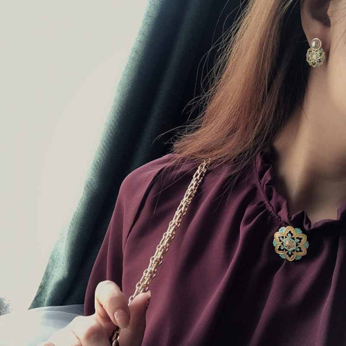 復古巴洛克浮雕琺瑯花胸針耳釘套裝集胸針女裝派對飾品現貨