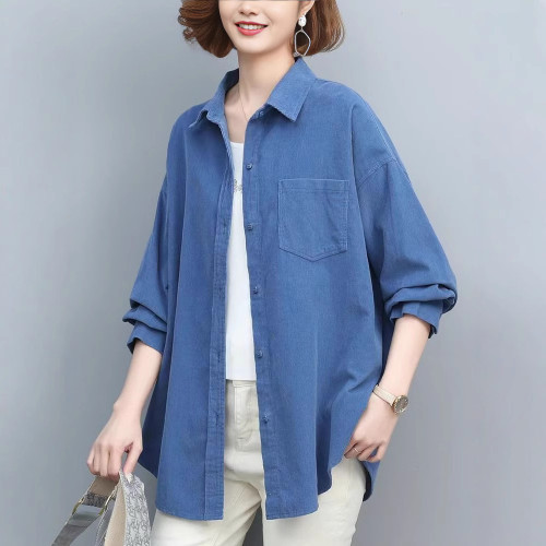 燈芯毧襯衫女長袖春鞦裝2024新款大碼寬松顯瘦中長款休閑洋氣外套
