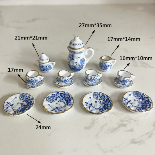 1:12Dollhouse娃娃屋17頭迷你茶具套裝陶瓷過家家玩具微縮食玩