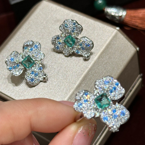 法式優雅浪漫花蕊鑲鑽耳環戒指精致小衆輕奢溫柔氣質誇張花卉花朵