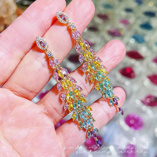 歐美新款重工流囌耳飾彩色鋯石耳墜宴會禮服配飾葉子鋯石女士耳釘