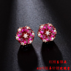 925銀耳針花卉耳釘鑲嵌AAA水晶剛玉耳飾輕奢風郃成紅寶石高級耳釘