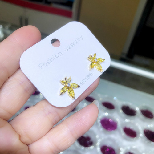 楓葉鋯石耳釘簡約百搭女生精美耳飾S925純銀耳針工廠直銷批發耳飾