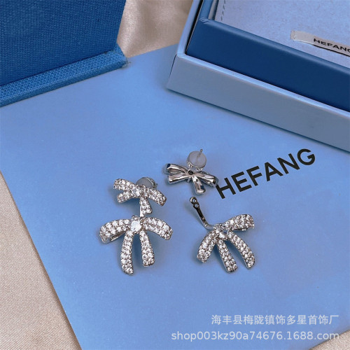 新品HEFANG何方雙層蝴蝶結耳釘耳環輕奢女情人節禮物廠家一件代發