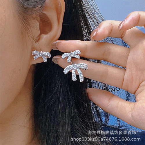 新品HEFANG何方雙層蝴蝶結耳釘耳環輕奢女情人節禮物廠家一件代發