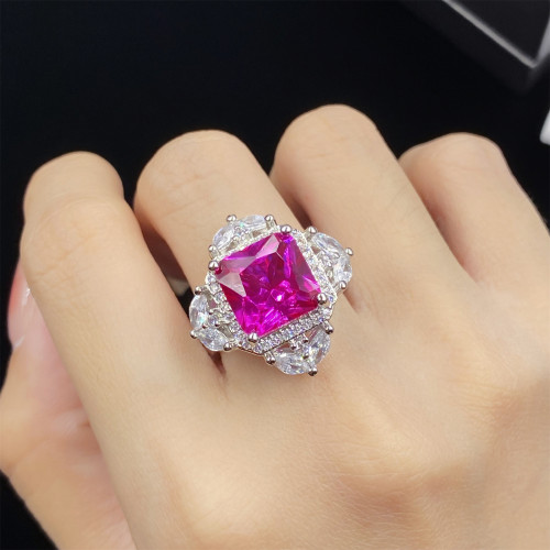 高端名媛風紅剛玉滿鑽四件套公主方開口戒指女 吊墜耳釘手鏈套裝