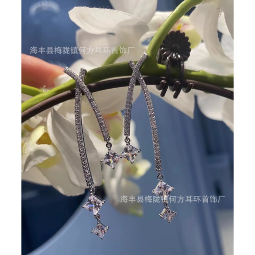 HEFANG何方蘭斯耳環女 超仙氣質清新耳墜耳飾925銀交叉方鑽耳環