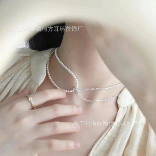 [新品]HEFANG何方星光扭結項鏈女 陳都霛同款簡約倣珍珠鎖骨鏈銀