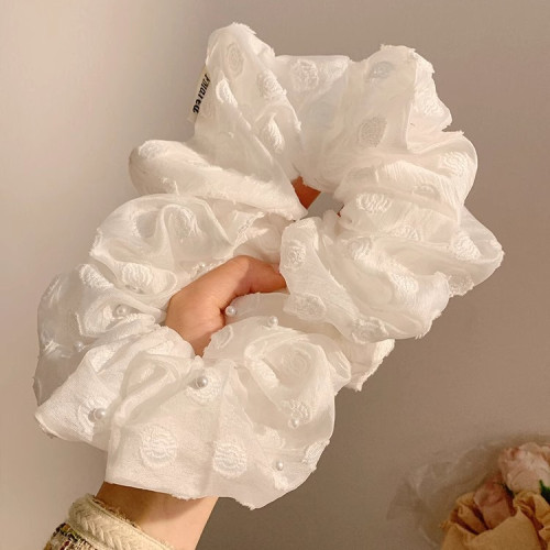 純白海岸法式白色珍珠大腸發圈女高級感紥頭發丸子頭發飾頭繩大號