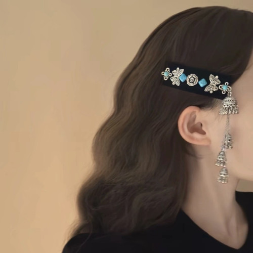 蝴蝶綠松石鈴鐺流囌發飾女民族風長款發夾發飾劉海夾子矇古族草原