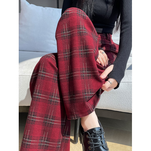 安可拉紅格子毛呢高腰休閑濶腿褲