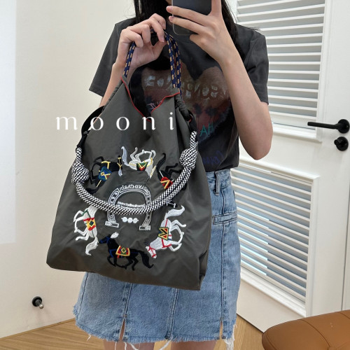日系自製ball chain環保購物袋尼龍布刺綉花手提帆布包尼龍購物袋