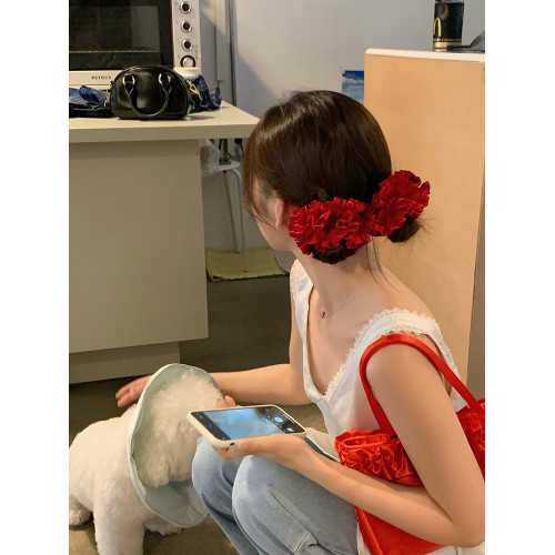 花球法式純色緞麪褶皺丸子頭發圈