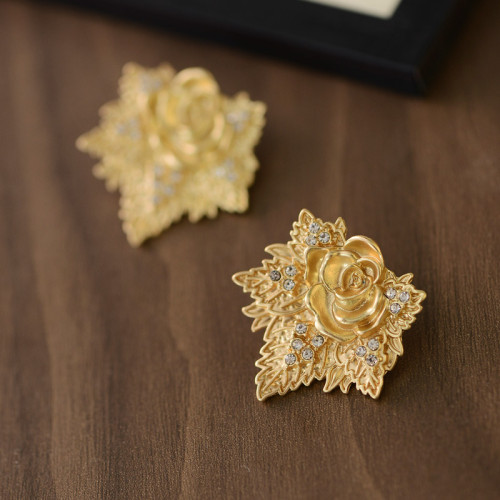 中古風重工時尚耳釘玫瑰花楓葉素金耳飾簡約大氣小衆設計感耳釘