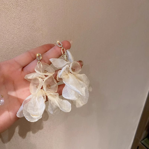 仙裡仙氣~超仙氣質雪紡花朵珍珠耳環法式浪漫小衆設計度假風耳釘