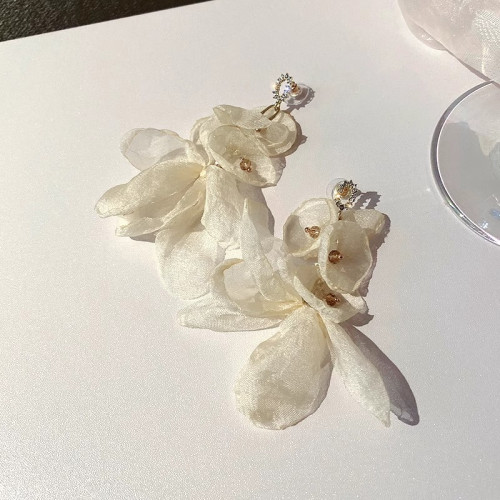 仙裡仙氣~超仙氣質雪紡花朵珍珠耳環法式浪漫小衆設計度假風耳釘