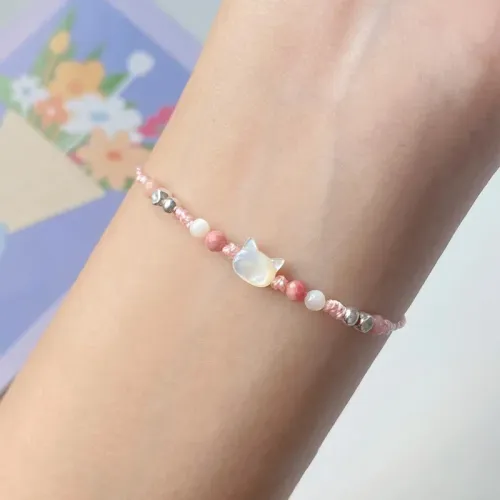 小貓主義~甜美白貝母貓咪糖果色編織手繩手鏈女時尚精致情侶手飾