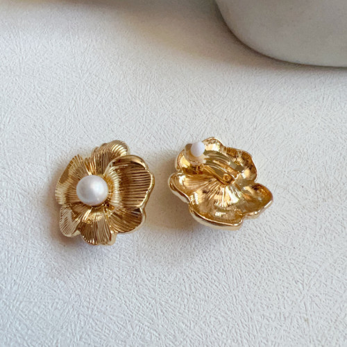 新款素金中古珍珠耳釘 復古法式輕奢珍珠個性花朵條紋耳環耳飾女