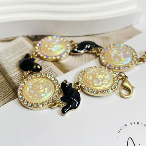 中古素金做舊彩寶鑲嵌天使樹脂手鏈 復古滴釉琺瑯手環新款批發女