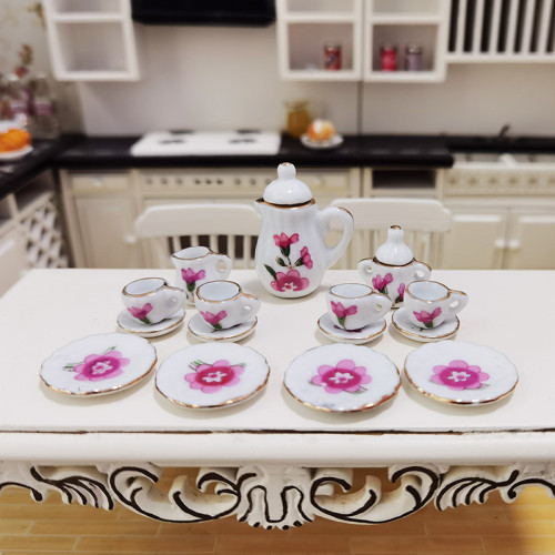 1:12娃娃房陶瓷茶具套裝花盆花瓶過家家玩具廚房配件DIY食玩